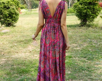 Goddess V Neckline Long Dress || Pink Bohemian Dress With Open Back  || Paisley Print Polyester Dress with Adjustable Shoulders