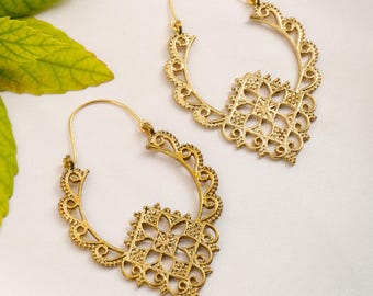 Boho Floral Hoop Earrings | Oriental Brass Hoops | Mandala Lace Earrings | Tribal Dangle Jewelry | Ornate Cutout Design