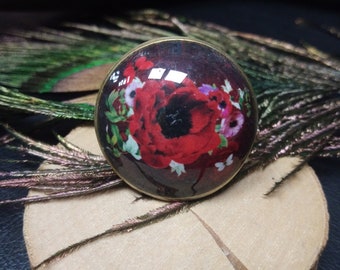 Bohemian Domed Ring with Peony Patterns || Printed Floral Ring inspired by Old School Tattoos || Large Round Brass Ring
