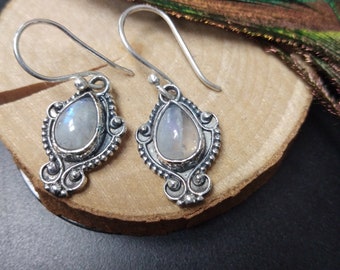 Small Victorian Silvered Dangle Earrings || Small Medieval Semi Precious Stones Earrings || Small Bohemian Earrings With Gemstone