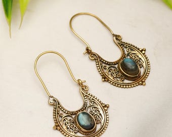 Ethnic Creoles Decorated with Scroll Patterns and an Oval Semi-Precious Stone || Openwork Oriental Hoop Earrings || Tribal Earrings