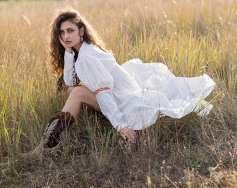 Long Off White Bohemian Dress With Ruffles ||  Plain Cotton Wedding Boho Dress || Fitted Maxi Dress With Long Puffed  Buttoned Sleeves
