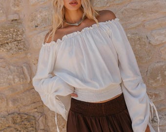 Medieval Inspired Viscose Blouse: Off-White Flared Sleeve Top, Adjustable Drawstrings
