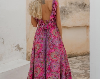 Elegant Shades Of Pink  Bohemian Evening Dress || Ruffled Long Dress With Low Back || Free Size Floral And Paisley Print Party Dress