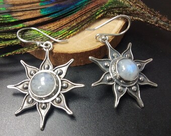 Silver Dangling Earrings With  Gem Stones || Ethnic Semi Precious Stones Earrings || Sun Earrings