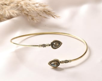 Teardrop Gemstone Arm Cuff With Beaded Frame | Golden Tone Adjustable Upper Arm Bracelet | Tribal Brass Wire Armband | Boho Festival Jewelry