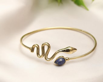 Boho Brass Snake Cuff Bracelet With Natural Stone  | Ethnic Adjustable Open Bangle | Tribal Serpent Jewelry for Women