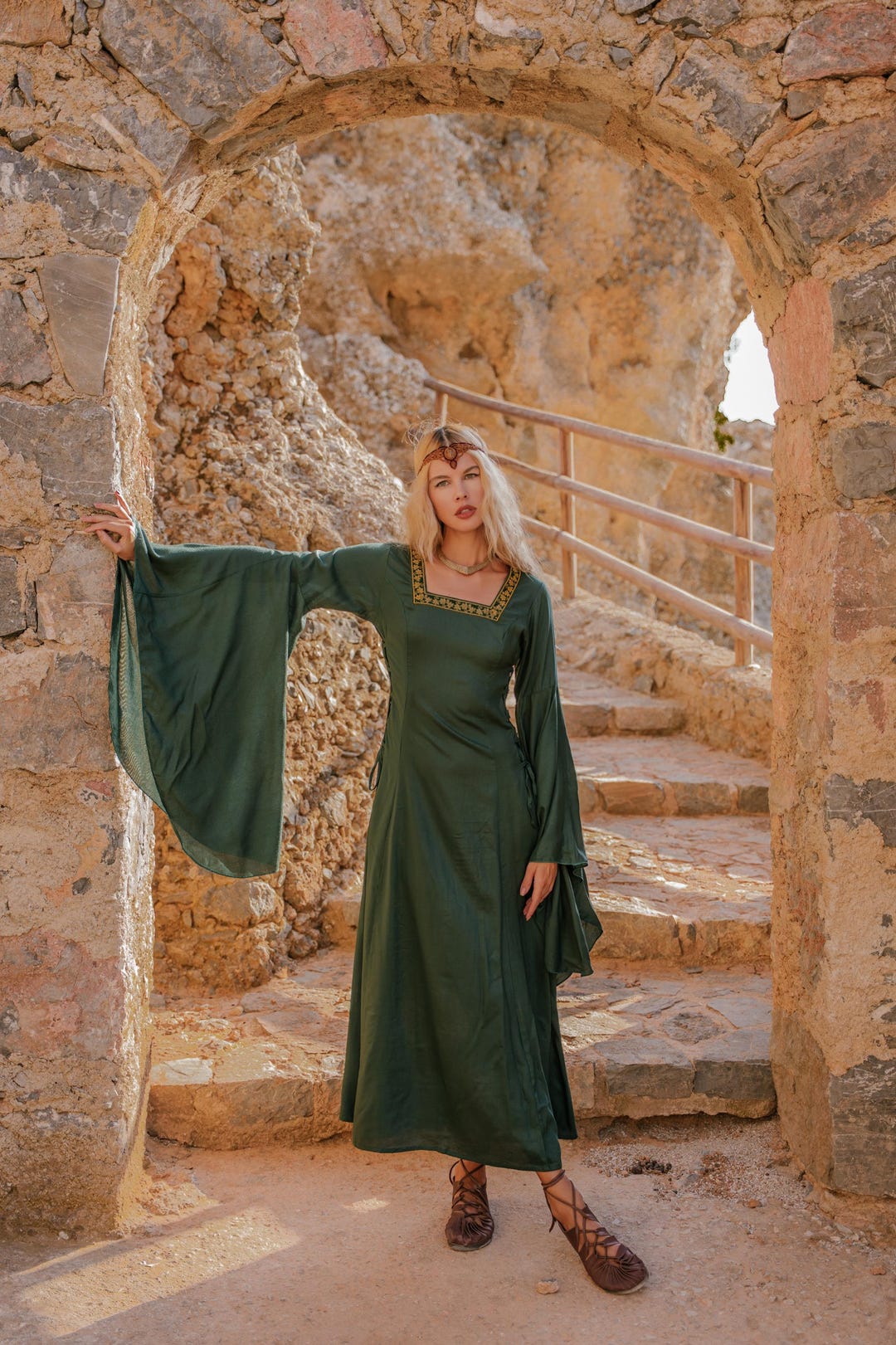 dark green medieval dress Handmade Bottle Green Medieval Dress: Viscose Gown With Gold Ribbon
