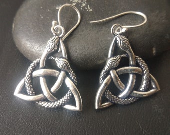 Triangle Shape Snake Dangling Earrings, Tribal Viking Earrings, Nordic Mythology Triskele Earrings