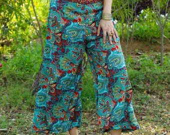 Green Bohemian Polyester Printed Flair Trousers ||  Free Size Palazzo Pants || Wide Leg Lounge Pants