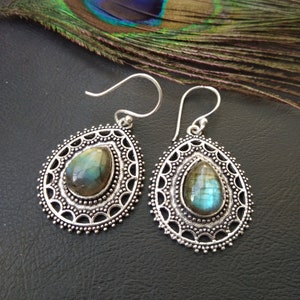 Silver Color Ethnic Dangling Earrings with Semi Precious Stones || Medieval Gemstone Earrings || Drop Earrings With Stones