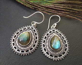 Silver Color Ethnic Dangling Earrings with Semi Precious Stones || Medieval Gemstone Earrings || Drop Earrings With Stones