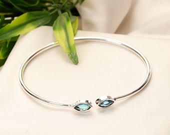 Face to Face Minimalist  Faceted Gemstones Bangle Bracelet || Thin Rigid Brass Timeless Adjustable Bracelet Decorated With Oval Stones