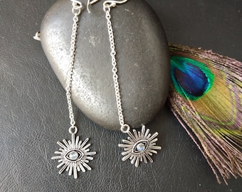 Sun Silver Dangling Earrings With Semi Precious Stones || Bohemian Chic Ethnic Gemstone Earrings || Sun Symbol Chain  Earring with Gem Stone
