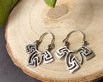 Small Tribal Brass Graphic Hoop Earrings || Tiny Abstract Shape Hoops || Mini Punk Rock Hoops