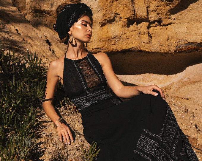 Featured listing image: Black Bohemian Chic Long Skirt || Block Print Flared Skirt Hand Printed || Raw Cotton Wrap On  Skirt || Free Size Vegetable Dye Skirt