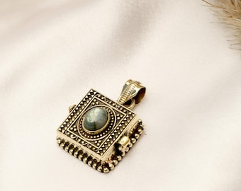 Square Brass Prayer Box Pendant With Oval Gemstone | Geometric Tribal Keepsake Locket | Secret Compartment Talisman Necklace