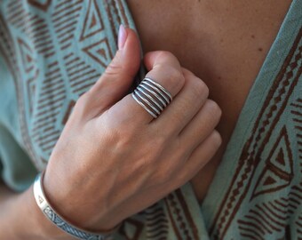 Minimalist Adjustable Brass Six Band Ring || Modern Multi-Row Wide Ring || Geometric Parallel Lines Ring
