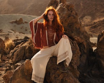 Hand Printed Off White Bohemian Flair Trousers || Raw Cotton Palazzo Pants