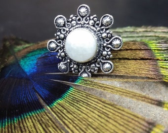 Silver Color Adjustable Ring with Stone || Ethnique Brass Boho Ring with Gemstone || Medieval Ring for Women