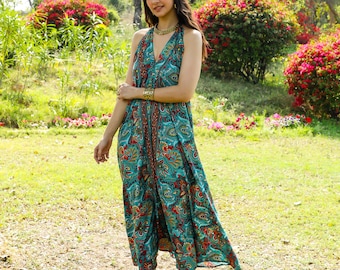 Green Bohemian Long Paisley Print Halter Dress || Colorful Polyester Backless Summer Maxi  Dress || V Neckline Lightweight Free size Dress