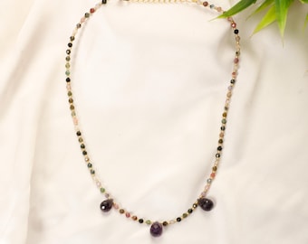 Faceted Tourmaline Bead Necklace with 3 Amethyst Teardrop Charms || Minimalist Natural Stone Necklace || Multicolored Gemstone Bead Necklace