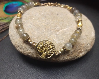 Bracelet Doré en Perles de Labradorite et Arbre de Vie || Bracelet Pierres Fines Grises || Bracelet Symbole Réglable