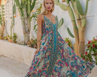 Shades Of Petrol Blue Hilight With Golden Boho Evening Dress || Ruffled Long Dress With Low Back || Free Size Paisley Print Party Dress