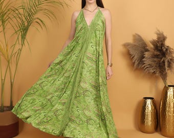 Green Boho Maxi Dress, Paisley Print Halter Dress | Loose Fit Summer Dress | Backless Bohemian Dress, Festival Outfit | Free Size