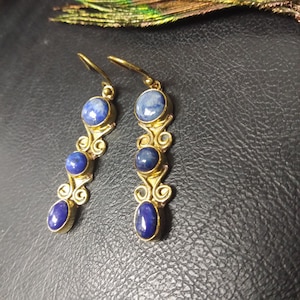 Golden Dangling Earrings 3 Stones || Elongated Ethnic Earrings || Gemstone Earrings