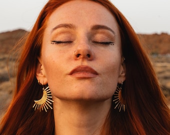 Sun Moon Crescent Ethnic Dangle Earrings ||  Brass Women's Earrings ||  Half Circle Boho Earrings