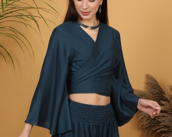 Teal Viscose Wrap Crop Top | Bohemian Bell Sleeve V Neck Blouse