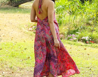 Pink Bohemian Long Paisley Print Halter Dress || Colorful Polyester Backless Summer Maxi  Dress || V Neckline Lightweight Free size Dress