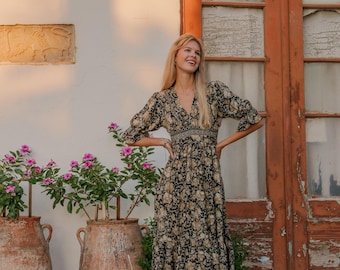 Puffed Sleeves Petite Dress || Floral Contrasted Prints Midi Dress || Fluid Short Sleeves Dress || Boho BLack Dress