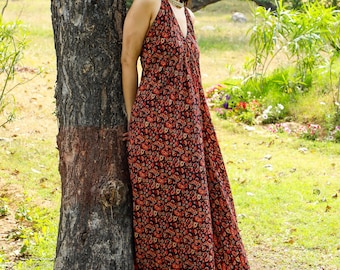 Black Bohemian Long Floral Print Halter Dress || Colorful Polyester Backless Summer Maxi  Dress || V Neckline Lightweight Free size Dress