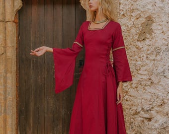 Long Wine Color Medieval Gown || Cotton Flared Pointed Sleeves Dress ||  Cosplay Plain Laced Dress