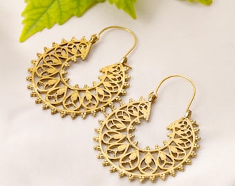 Ethnic Brass Hoop Earrings| Boho Crescent Earrings | Filigree Design Hoops | Oriental Mandala Earrings