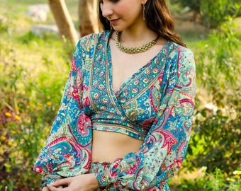 Blue Boho Crop Top To Tie In The Back || Crop Top With Puffy Sleeves And Open Back || Women's Summer  Paisley With Golden Hilight Print Top