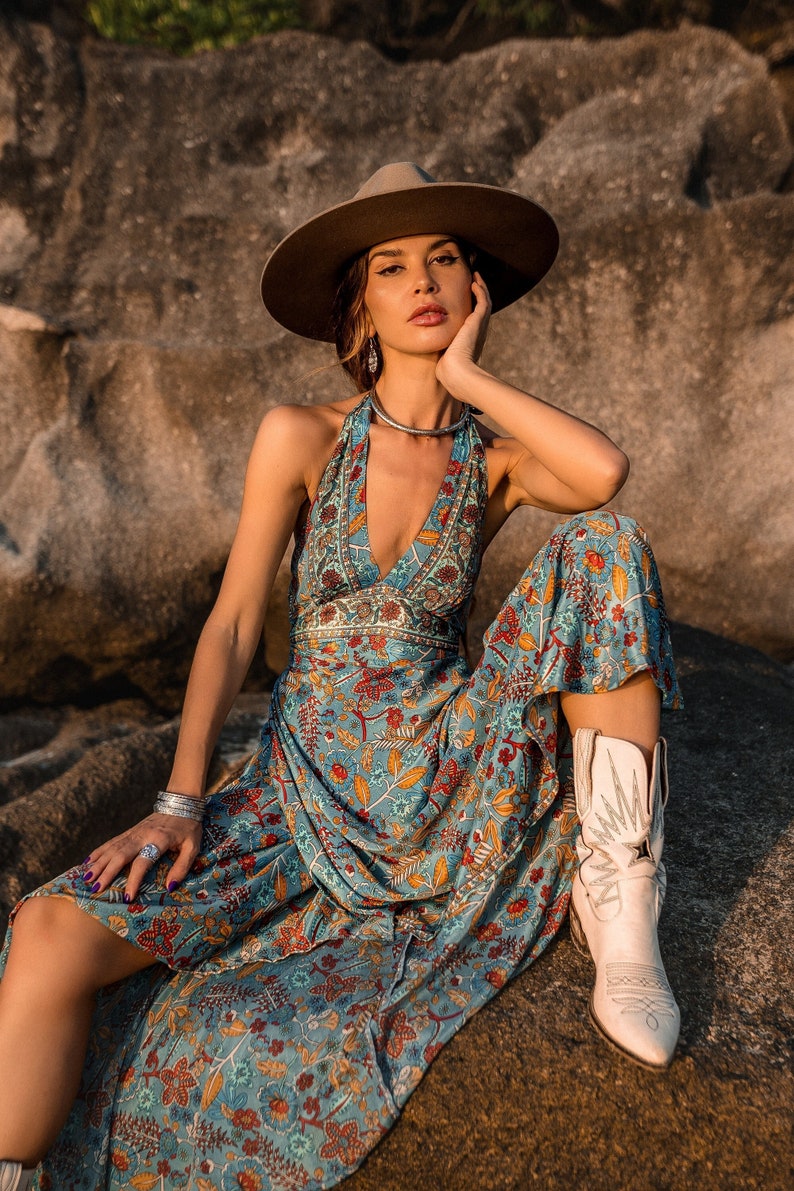 Robe Boho dEté Longue Dos Nu Robe Portefeuille Fluide Taille Unique Robe Dos Nu à Imprimé Floral image 1