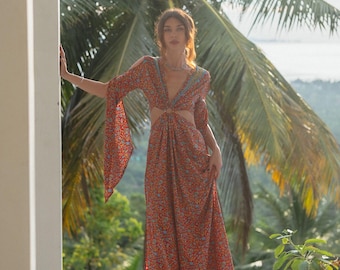 Long Sleeves Dress With Ring on the Front and Opening Above The Hips || Polyester Dress with Sides Slit || Long Dress  To Tie in the Back