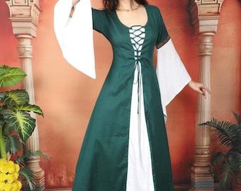 Long Bottle Green And White Medieval Gown || Cotton Flared Pointed Sleeves Adorned With Jacquard Laces Dress || Bicolor Lace-Up Dress
