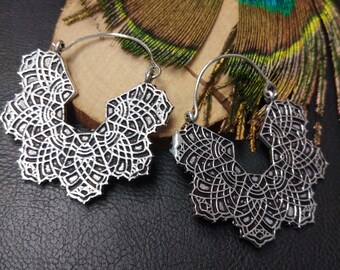 Ethnic Silver Earrings Decorated With Patterns || Bohemian Mandala Women's Hoop Earrings || Gipsy Mandala Earrings