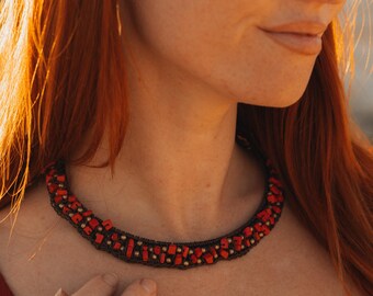 Rigid Handmade Macramé Choker Necklace, Hand Woven  Waxed Cotton Tribal Necklace, Ethnic Braided Torque Adorned With Beads