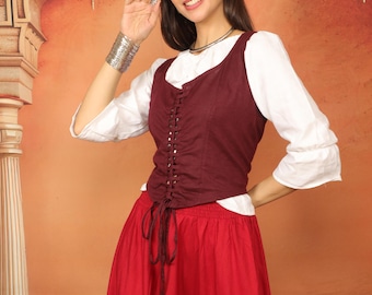 Burgundy Medieval Inspired Lacing Bodice || Viking Sleeveless Cotton Short Vest || Celtic Corset Style Bustier Top