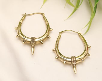 Brass Tribal Spike Hoop Earrings | Ethnic Brass Hoop Earrings | Boho Brass Jewelry | Bold Festival Earrings