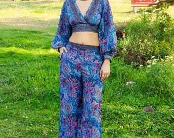 Blue Bohemian Polyester Paisley Print Straight Trousers ||  Free Size Side Slid Pants || Side Open Lounge Pants