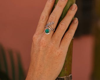 Adjustable Ring Adorned with Spirals || Brass Adjustable Boho Ring with Natural Stone Stone ||  Ethnic Ring with Gemstone