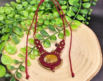 Macrame Necklace with Oval Tiger's Eye and Brass Beads || Adjustable Hand Made Natural Stone Necklace ||  Braided Cotton Gemstone Necklace