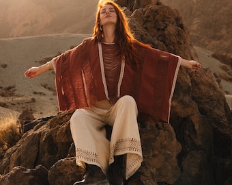 Bohemian Poncho Top || Vegetable Dye Ethnic Top || Hand Printed Hemp Top || Free Size Loose Poncho