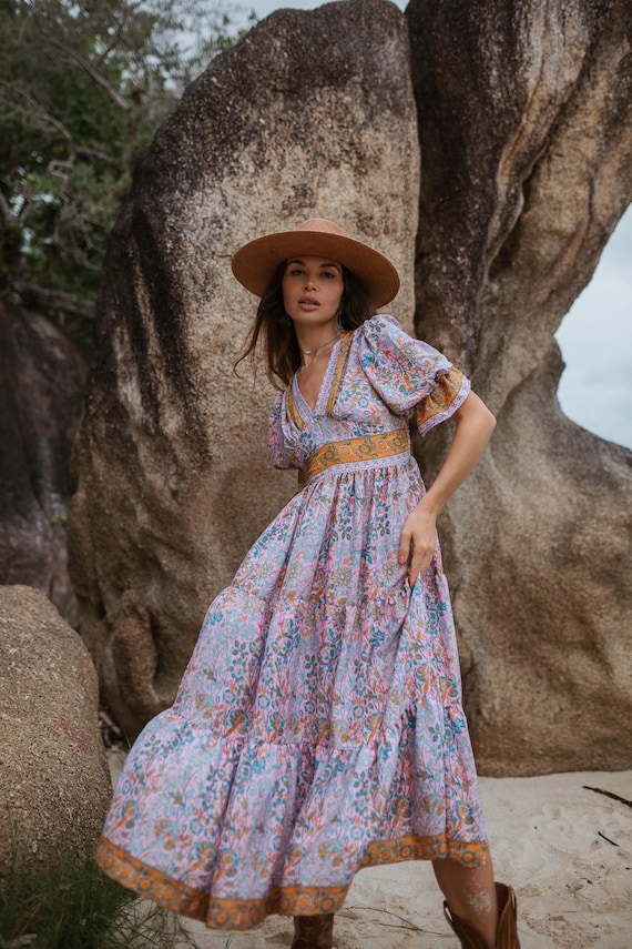 bohemian petite dresses Handmade Floral Midi Dress: Pink Bohemian Ruffle Sleeve Dress